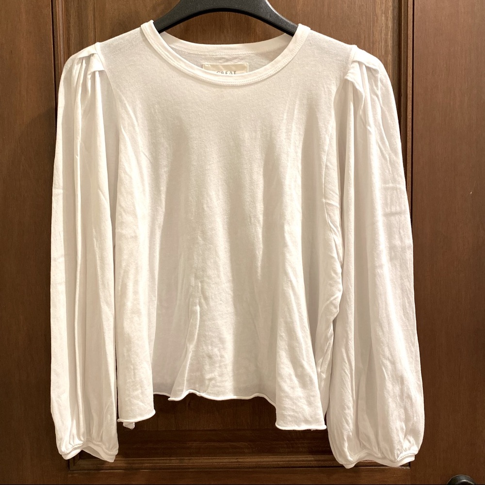The GREAT. White Cropped Raw Hem Puff Sleeve Top.